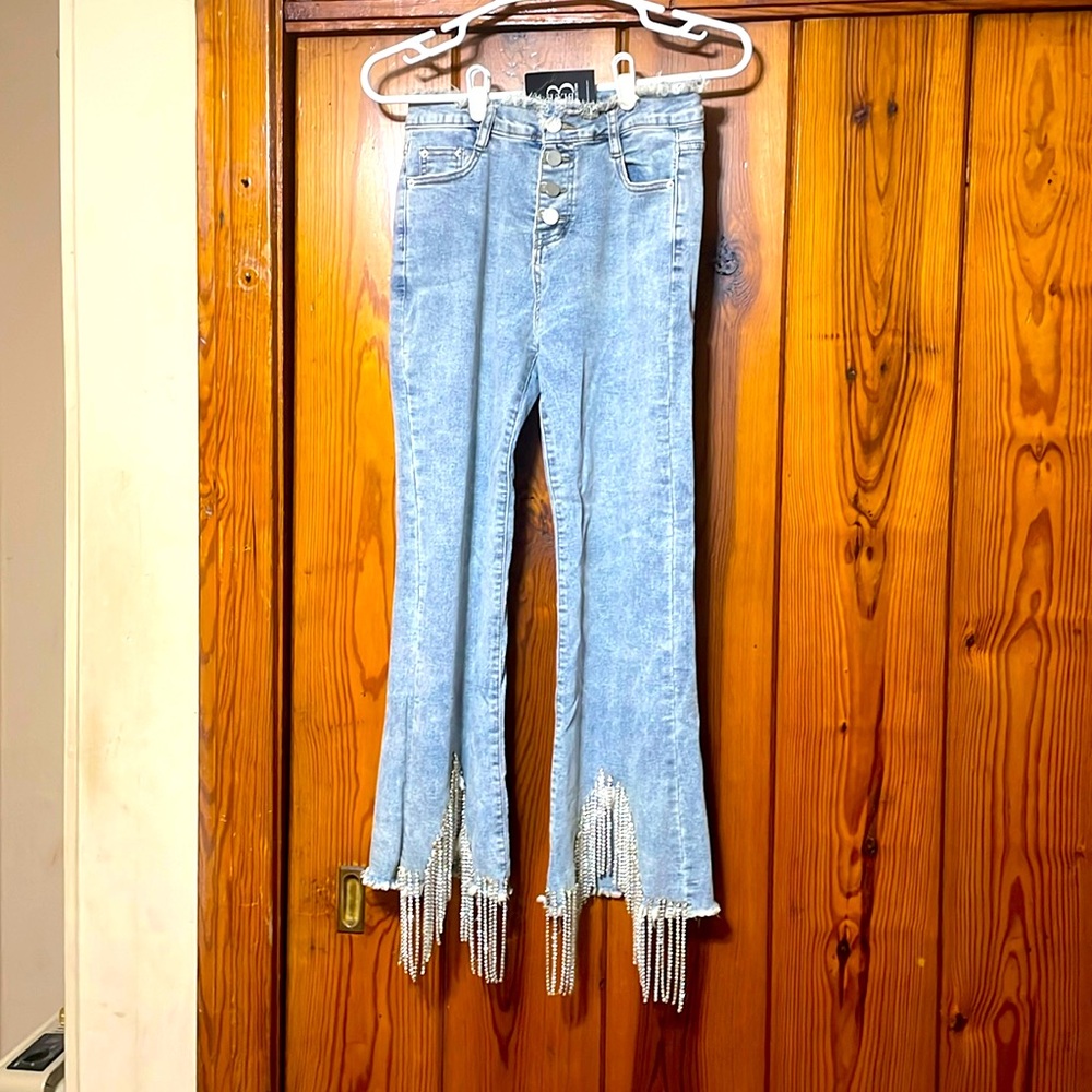 KGSB Distressed Denim Pants Flared Sparkly Fringe
